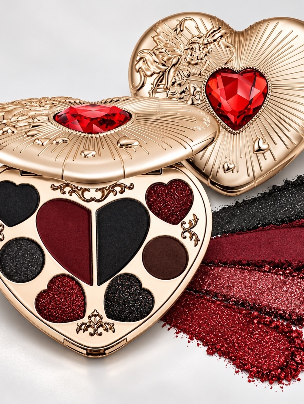 Heart-Shaped Gothic Glam Eyeshadow Palette with Red Jewel Accent nib